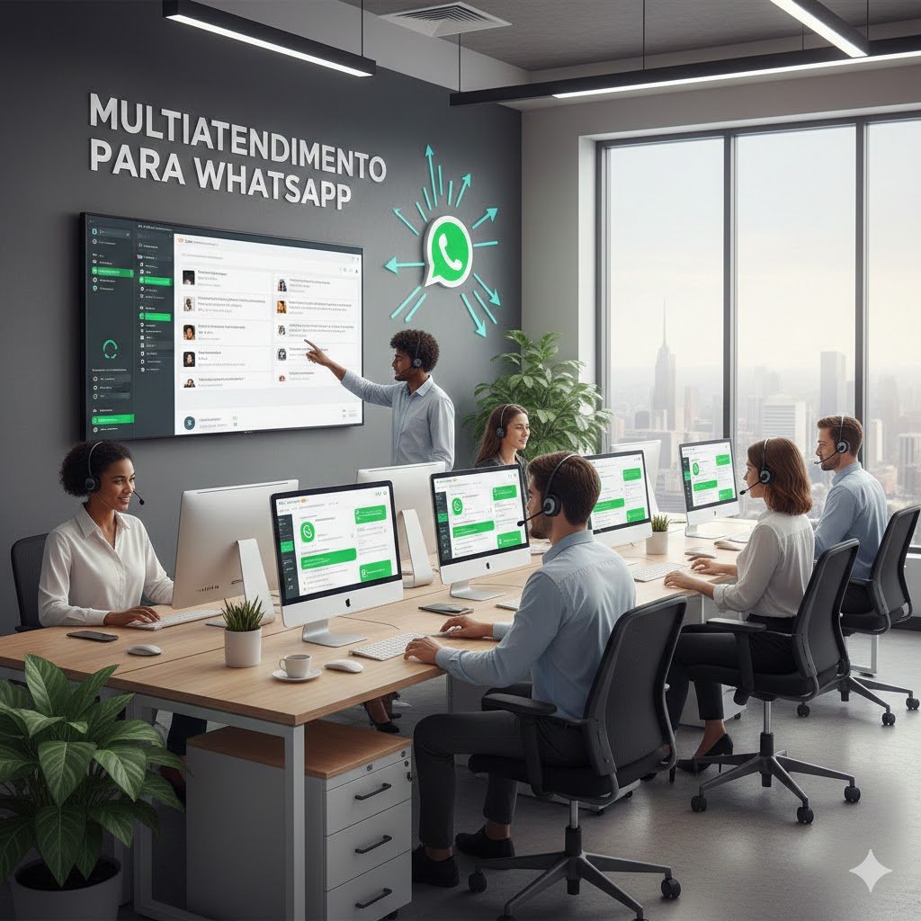 Imagem ilustrativa de múltiplos atendentes usando a mesma tela de atendimento Plug Whats no WhatsApp